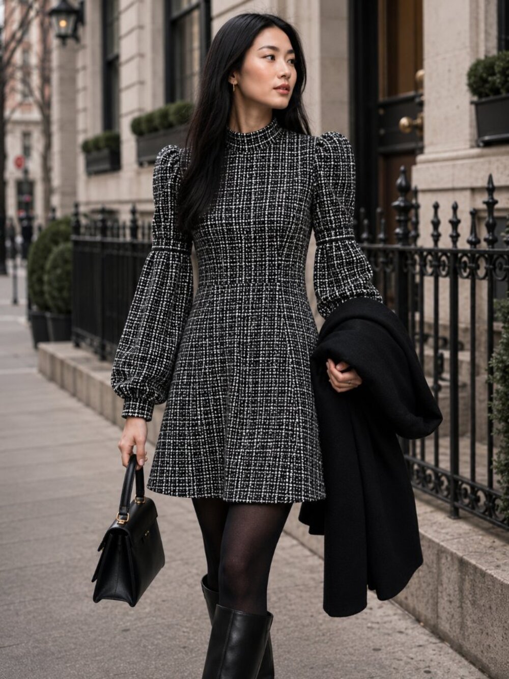 SHEIN Black & White Tweed Mock Neck Puff Sleeve Sweater Mini Dress Size S